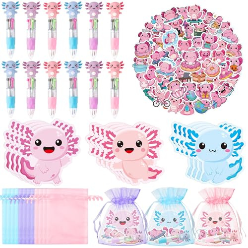 CY2SIDE Axolotl Stationery Party Gift - 12 Pack Back to School Prizes Set Include 4-in-1 Ballpoint Pen Sticky Note Sticker & Organza for Kids Summer Party Favor Goodie Bag Fillers for Classroom Reward