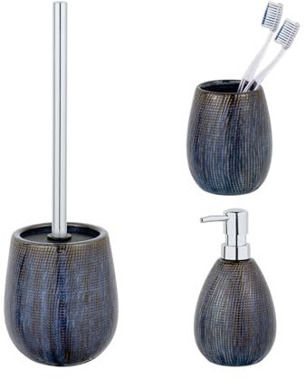 Schöner Wohnen Kollektion Bad-Accessoire Set Mod. Ronta 3-teilig Keramik Effektglasur Blau Braun Seifenspender Zahnputzbecher WC-Garnitur Maße 11,5 cm x 38,5 cm
