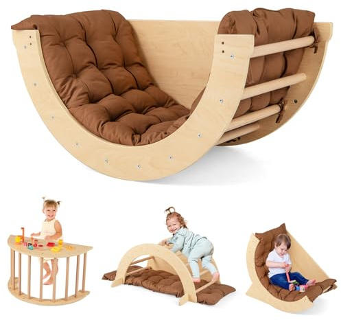 HONEY JOY Wooden Arch Climber with Cushion, Montessori Arch Table for Kids, Baby Rocker Ladder Play Gym Playground, Toddler Climbing Toys Indoor, Learning Gift for Kids Aged 1+ (Coffee)