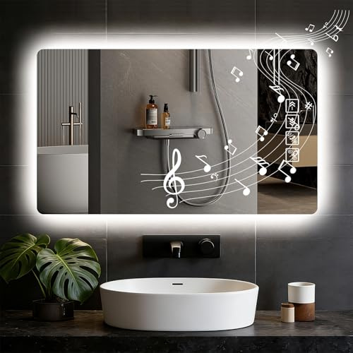 Ankishi 50x70cm Square Bathroom Mirror with Bluetooth & Anti-Fog, Dimmable Wall-Mounted Vanity Mirror, 3 Color Lights, IP54 Waterproof, Memory Function, HD Tempered Glass(sanding)