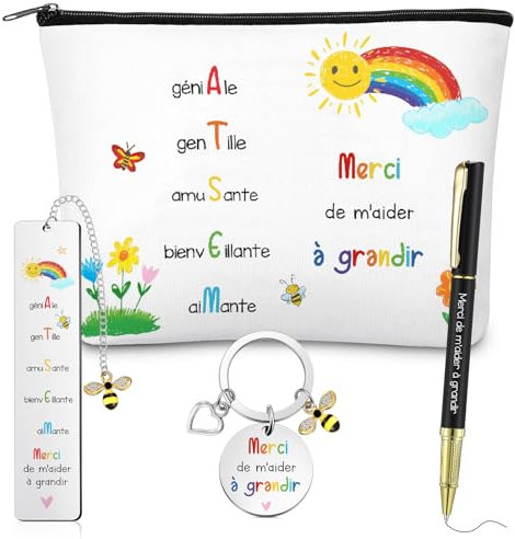 Clabby Set de 4 Pièces Cadeaux Fin d'Année Maitresse Trousse de Maquillage Marque Page Merci de M'aider à Grandi Porte Clef Stylo Cadeau Personnalisé pour Atsem Maternelle Enseignant École(Atsem)