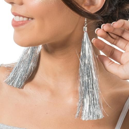 Chaks – Lametta Ohrringe, 17 cm lang, Glitzer Ohrstecker, Modeschmuck, Accessoire für Karneval, Party, Festival