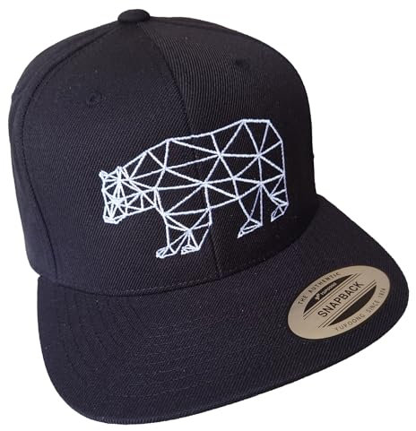 Baddery Cap Flexfit Snapback : Polygon Bär - Mütze für Jäger - Wald Forest Natur Nature Bear Jagd Braunbär Eisbär Grizzlybär - Kappe Herren & Damen (Schwarz)