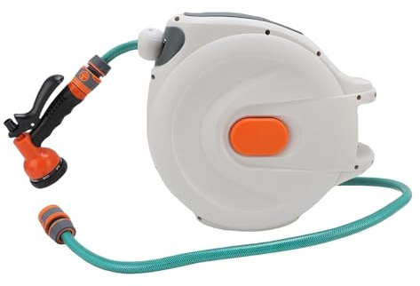 Luocute Automatische, Einziehbare Gartenwasserschlauchtrolle, Wand Montierte Autorückspuls -Wasserschlauch -Rolle mit Hochdrucksprühgerät, Jeglicher Längeschloss, Mühelose (20 m / 65,6 Fuß)