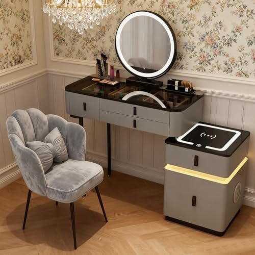 Schminktisch mit Stuhl und Smart Circular Spiegel, Make Up Tisch mit Bluetooth-Lautsprecher und kabellosem Laden, Kosmetiktisch mit Glasplatte, Frisiertisch für Mädchen (Grau und Schwarz, 100cm)