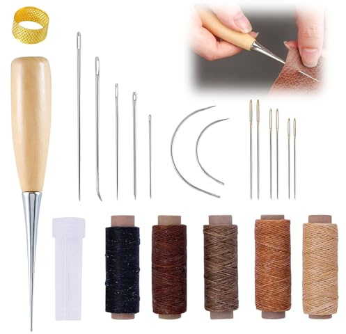 Kit Couture Cuir, Aiguilles Couture Cuir Comprend Fil Ciré Multicolore | Poinçon de Précision, Dé à Coudre et Bouteille d'Aiguille, Idéal pour Réparation de Cuir, Chaussures et Ceintures