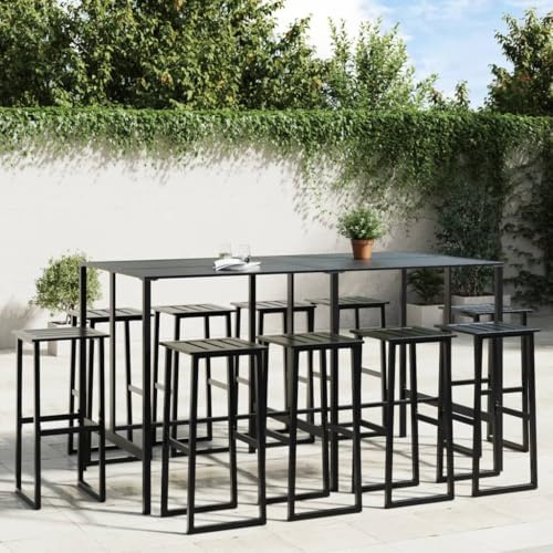 Yunovire 11-TLG. Gartenbar-Set Schwarz, pulverbeschichteter Stahl, 200x99x110 cm Tisch, robuste Barhocker, ideal für Garten, Terrasse, Balkon, Außenbereich