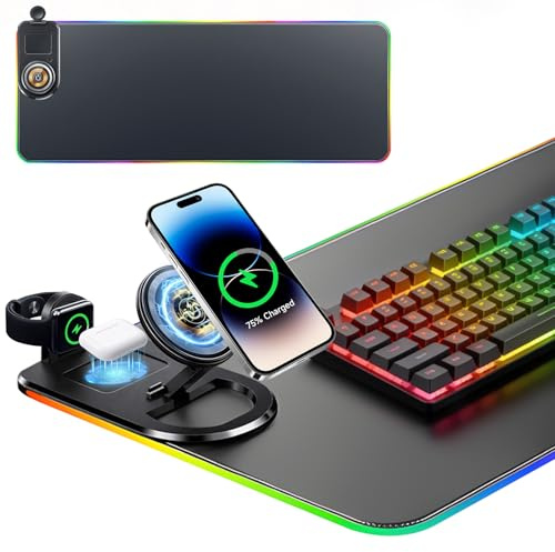 3-in-1 RGB Mauspad XXL 800×300 mit 15W Qi-Ladefunktion, Gaming Mousepad mit verstellbarem Handyhalter & 15 LED-Lichtmodi, Leder-Schreibtischunterlage Desk Mat, PC Zubehör Deko Gadget für Gaming Büro