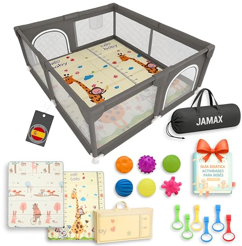 JAMAX Parque Infantil Bebe 150x180 | Corralito bebe | Parque bebe Alfombra Acolchada Reversible 1,5 cm de Grosor + 6 Pelotas Sensoriales +6 Agarraderas + Bolsa transporte (150 x 180)