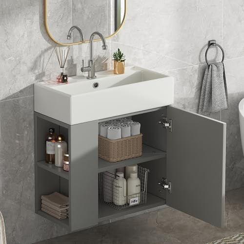 Lcoho Mueble de baño con armario bajo lavabo de 55 cm, armario para lavabo colgante, color gris claro