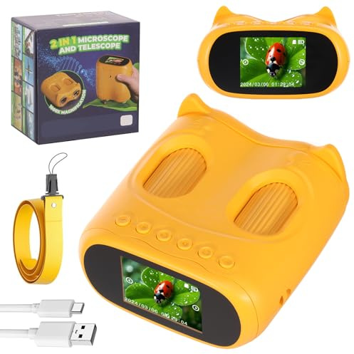 2-in-1 Kinder Mikroskop und Teleskop | Naturerkundung & Mint-Spielzeug | 2-Zoll IPS Display 1080P Tragbares Digitales Vergrößerungsglas mit 8 LEDs & Typ-C | Für Vogelbeobachtung & Insekten (Gelb)