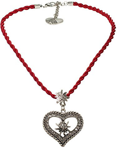 Alpenflüstern Kordel-Trachtenkette Strass-Edelweiß Herz - Damen-Trachtenschmuck mit Trachtenherz, Dirndlkette in traditionellen Farben DHK216 (rot)