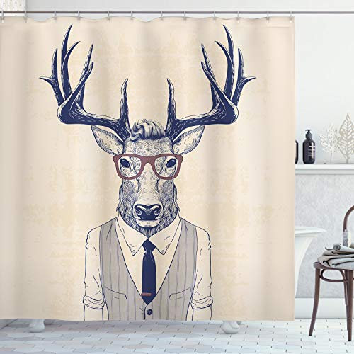 ABAKUHAUS Hipster Duschvorhang, Humanisierte Manly Deer Art, Stoffliches Gewebe Badezimmerdekorationsset mit Haken, 175 x 240 cm, Indigo Champagne