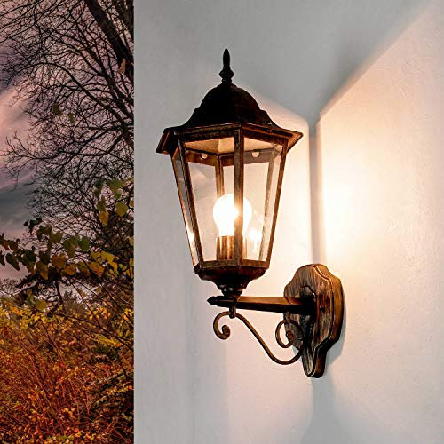 Licht-Erlebnisse Außenleuchte Wand Aluminium Glas in Schwarz-Kupfer IP44 Terrasse Balkon B:20,3 cm E27 Laterne Rustikal Retro Wandlampe Außen BRISTOL