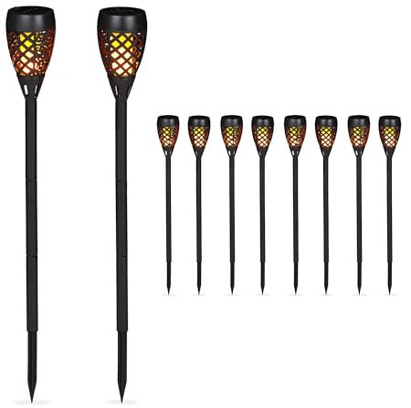 Relaxdays 10 x Gartenfackel Solar, Außenbeleuchtung für Garten, tanzende Flamme, mit Erdspießen, LED Fackeln, H: 78 cm, schwarz