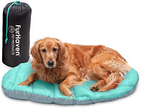 Furhaven Large Dog Bed Trail Pup Travel Pillow Mat w/Stuff Sack, Washable - Aqua/Granite Gray, Large