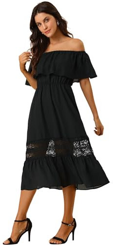 Allegra K Bardot Dress for Women, Beach Wear Summer Dresses, Off Shoulder, High Waist Short Sleeve Vacation Dress Black 16