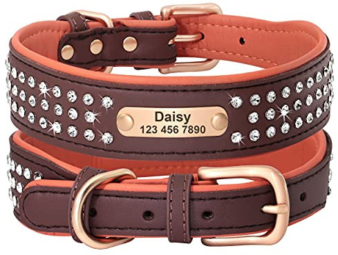 Beirui Personalisiertes Hundehalsband mit Strasssteinen für mittelgroße und große Hunde–glitzerndes Hundehalsband mit glitzernden Kristallen–strapazierfähiges PU-Leder für Haustiere mit Metallschnalle