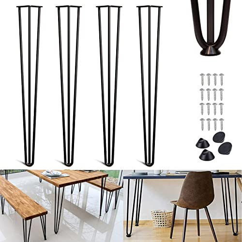 Lot de 4 pieds en épingle à cheveux à 3 tiges de 86 cm, pieds de table de bureau, pieds de table en forme de U, support TV, canapé, armoire, salle de bain, pieds de meubles