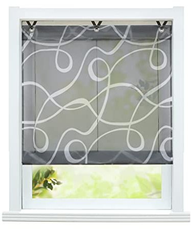 ESLIR Raffrollo ohne Bohren Raffgardine Transparent mit Ösen Voile Gardinen mit Haken Ösenrollo Modern Vorhänge Grau BxH 100x130cm 1 Stück