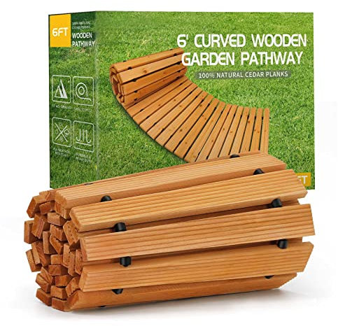 RELIANCER Allée de jardin en bois de 1,8 m, allée incurvée en cèdre pour extérieur, chemin de terrasse, allées décoratives de jardin, allées de promenade de jardin, résistant aux intempéries, sol de