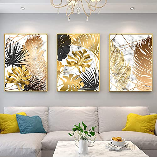 HMXQLW Goldene Blätter Palmblatt Leinwand Bilder Golden Bild Wohnzimmer Schlafzimmer Modern Bild Wandbilder Home Deko Kunstdrucke Ohne Rahmen (C,3X60X90cm)