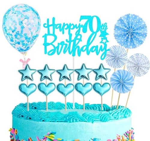 16Pcs Happy 70th Birthday Cake Toppers Blue, Personalised Cupcake Toppers, Kit for Men & Women