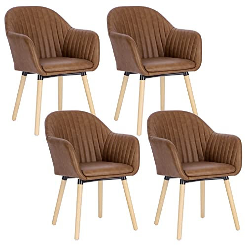 WOLTU Esszimmerstühle 4er Set Küchenstuhl Wohnzimmerstuhl Polsterstuhl Design Stuhl mit Armlehne Kunstleder Massivholz Braun BH336br-4