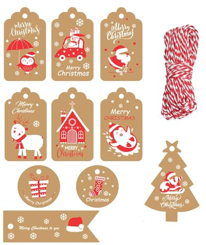 DENSCO Christmas Tags, 100 Pieces 10 Styles Kraft Paper Tag Hang Labels with 20M Cotton String for Decorating Christmas Trees or Packaging (7x4cm)