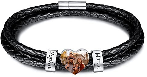INBLUE Personalisierte Namen Armbänder Herren Gravur Lederarmband Edelstahl Silberne Perlen Anhänger Schmuck Geschenke für Männer Papa Familie Damen (Silber, Herz 2 Perle)