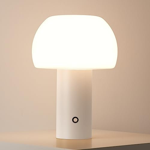 Tischlampe Kabellos Pilzlampe, LED Akku Tischlampe Aufladbar mit 5W LED-Perlen, glas-Lampenschirm, 3-fach Dimmbare Touch Nachttischlampe Schlafzimmer Outdoor, Kleine Mushroom Table Lampe Weiss