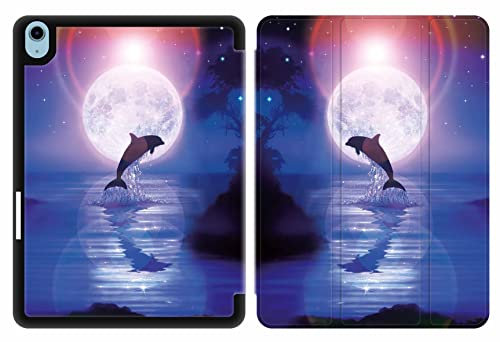 Sunrive Pelle Cover compatibile con iPad 10. Generation 2022 10,9,progettata con supporto ripiegabile, tablet case con Auto Sonno/Sveglia-Luna,Delfini,Mare