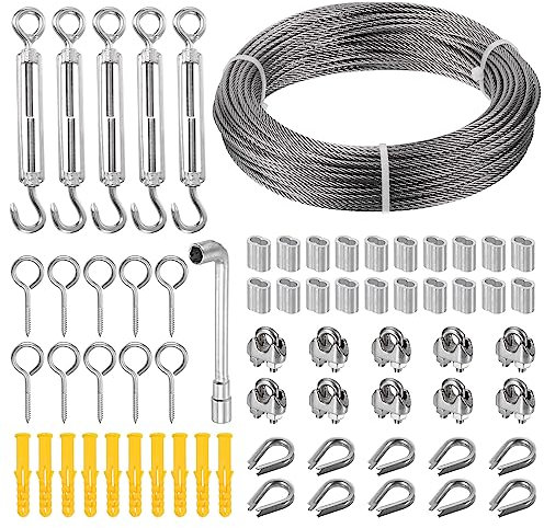 PATIKIL 1/8 Turnbuckle Wire Tensioner Strainer Kit, 100ft 7x7 Strand Stainless Steel Cable Wire Rope M5 Turnbuckle Hook & Eye Wire Rope Clip Thimble Crimping for Garden Outdoor
