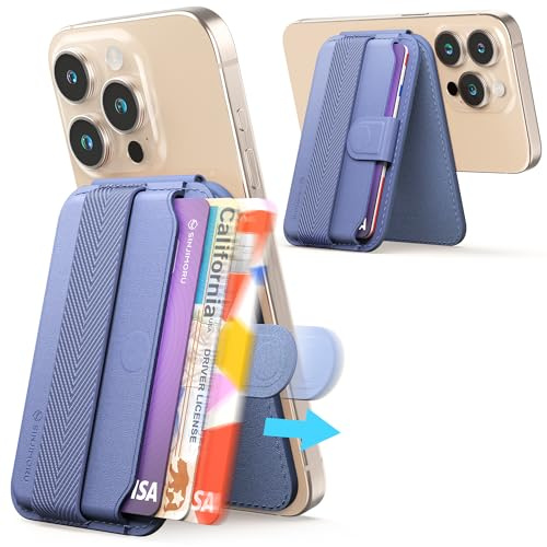 Sinjimoru Pull Tab Magnetic Wallet Stand for MagSafe, Card Holder, Lavender | M-Pull Tab Stand, pull-up strap wallet, 3-in-1 kickstand phone grip, 3 cards quick eject, vegan leather, fits iPhone 17-12
