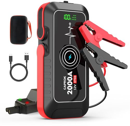 CAPTOK Starthilfe Powerbank 2000A 16800mAh 15W Drahtlosem Ladegerät 12V (7,0L Gas, 6,0L Diesel) Autostarthilfe Mit LED-Anzeige, QC 3.0, LED-Taschenlampe