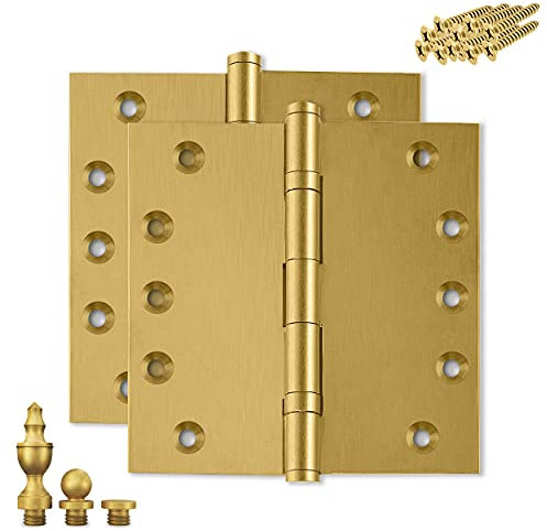 Finsbury Hardware Heavy Duty Door Hinge Matte Brass Ball Bearing 6x6 Inch Heavy Duty with Decorative Screw-on Tips Included - Set of 2 Solid Brass Hinges (Satin Brass)