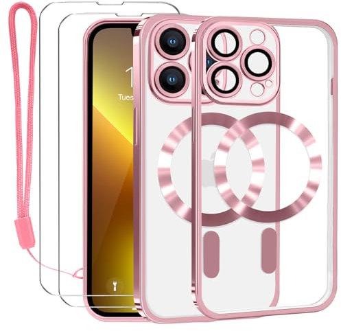 Lafunda Coque pour iPhone 13 Pro Max avec 2×Verre Trempé et Caméra Protecteur Coque Compatible avec MagSafe Magnétique pour iPhone 13 Pro Max Film Protection D'écran Transparente Aimantée Or Rose