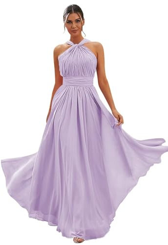 SELFGENIC Vestidos largos de dama de honor para mujer, vestidos formales fruncidos elegantes con bolsillos, Lila, 6