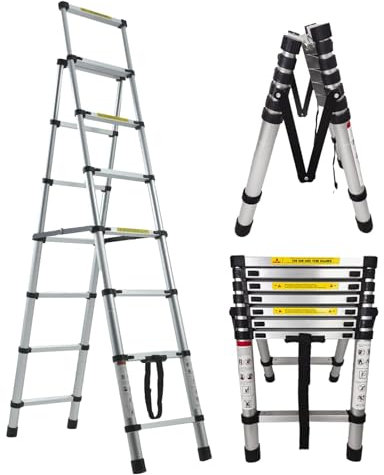Banas Aluminium Foldable Herringbone Ladder Portable Telescopic Ladder, 2M+2.3M/6.6FT+7.5FT, Max Load 150kg/330lb | with Safety Latch, Non-slip Rubber Feet, Widened Footrests, Indoor & Outdoor; EN131