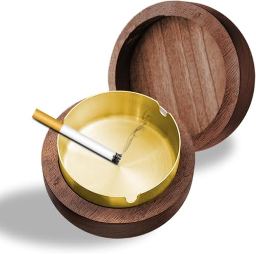 Hölzern Windaschenbecher, Aschenbecher mit Deckel, Aschenbecher Edelstahl, Wohnzimmer, Gelten Bar, für Draussen und Innen, Golden