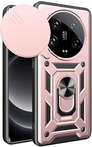 ESTH® Hülle für Xiaomi 14 Ultra mit Slide Camera Cover [Kameraschutz] [Ring Ständer] [Case Kompatibel Mit Magnetischer Autohalterung] Stoßfeste Handyhülle, Roségold