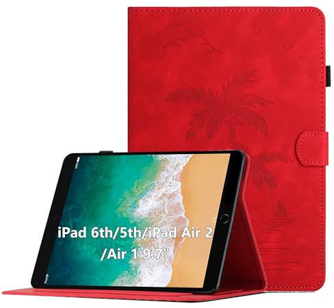Coque pour iPad 6a Gen. 2018 / 5a Gen. 2017 / iPad Air 2 / iPad Air 9.7 Pouces, Housse de Protection Multi-Angles Étui en Cuir PU avec Fente pour Carte, Auto Réveil/Sommeil, Rouge
