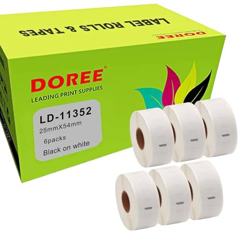 DOREE 6 Rollen 11352 (S0722520) selbstklebende Etiketten, kompatibel mit dymo 11352, 25 × 54mm Barcode-Etiketten, für Dymo LabelWriter 4XL, 450, 400, 330, 320, 310 (500 Etiketten pro Rolle)