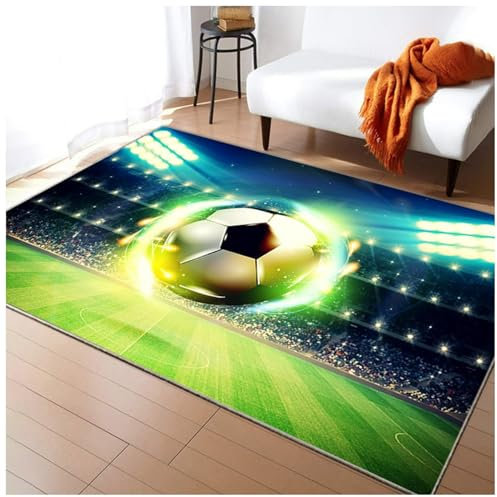 HMGAQNP Fußballplatz Spielteppich, Eisfeuer Fußball Bedruckt Großflächige Teppiche Sport rutschfest Spielteppich 3D Fußball Mit Flammen Bedruckten Teppichen Für Schlafzimmer(A,80x120cm/31x47in)