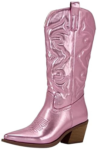 Ulalaza Stivali da donna western da cowboy e cowgirl al polpaccio con tacco spesso e medio ricamati, al ginocchio con punta squadrata