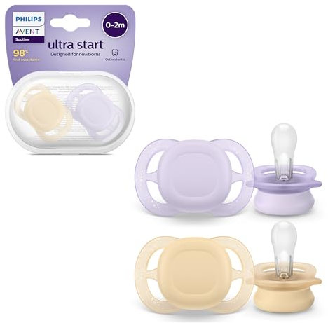 Philips Avent Ultra Start Soothers, Orthodontic Dummies Designed for Newborns, Silicone Symmetrical Teat, BPA Free, with Sterilising/Carrying Case, 2 Pack, Model SCF075/01