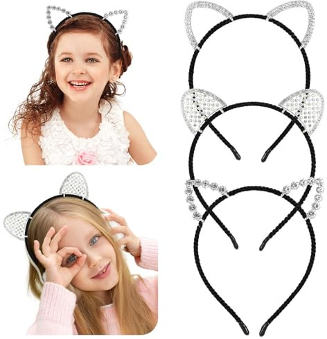 Tyqour Lot de 3 serre-têtes avec oreilles de chat pour femme et fille - Strass - Oreilles de chat - Paillettes - Serre-tête d'Halloween - Bandeau en métal - Pour cosplay, Halloween, costume, fête
