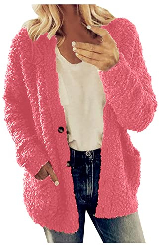 Générique Manteau Femme Hiver Chaud Gilet Fourrure Veste Casual Vélo Vetement Pull à Capuche Outwear Pas Cher Rose Vif L