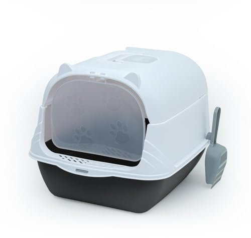Intirilife Katzentoilette mit Deckel inklusive Schaufel in Schwarz-Weiß -51 x 37,5 x 34,5cm- Katzenklo mit Abdeckung, moderne, geschlossene Toilette für Katzen- WC Hauben Klo-reduzierte Geruchsbildung