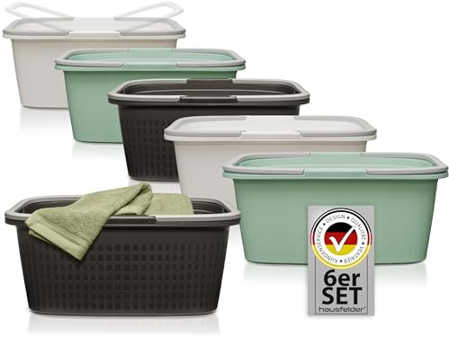 Hausfelder Wäschewanne Wanne 35l – Wäschewannen 6er Set - Stabil & Wetterfest - Wäschekörbe mit Henkeln & Griffen 35 l (Farbmix, 6 Wannen)